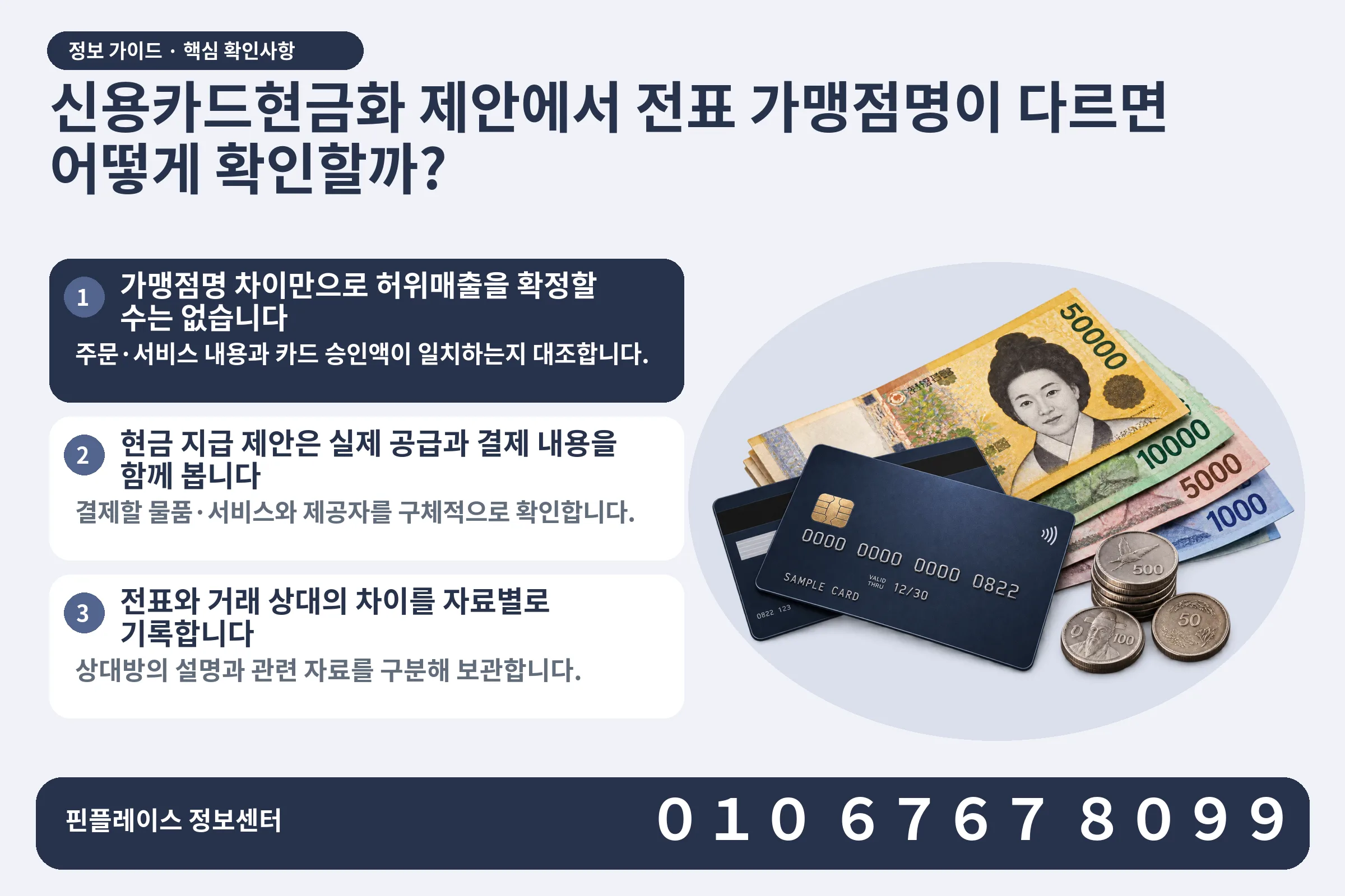 신용카드현금화 제안에서 전표 가맹점명이 다르면 어떻게 확인할까? · 신용카드 / 현금·동전 · 본문 확인사항: 가맹점명 차이만으로 허위매출을 확정할 수는 없습니다; 현금 지급 제안은 실제 공급과 결제 내용을 함께 봅니다; 전표와 거래 상대의 차이를 자료별로 기록합니다