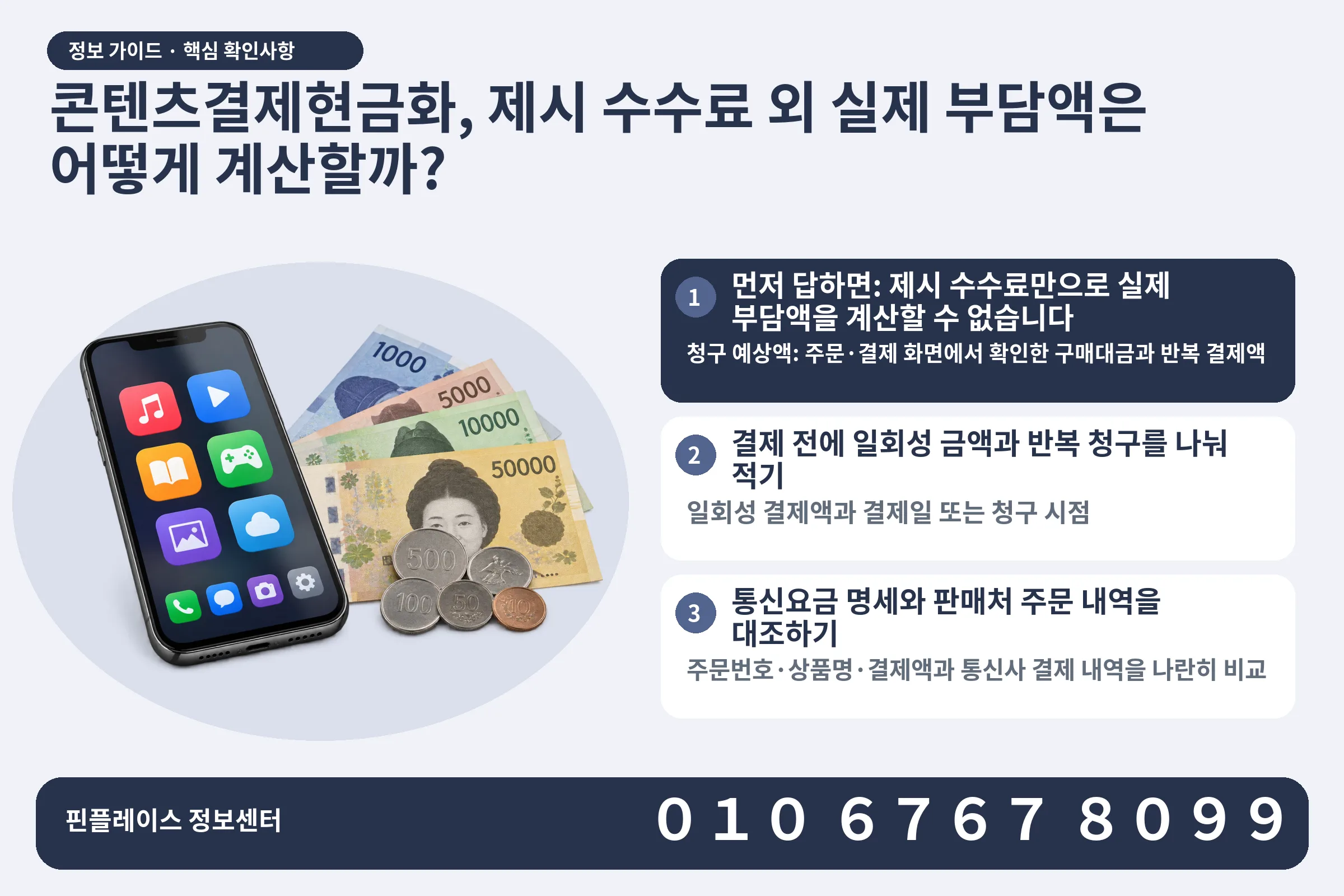 콘텐츠결제현금화, 제시 수수료 외 실제 부담액은 어떻게 계산할까? · 콘텐츠 결제 화면 / 현금·동전 · 본문 확인사항: 먼저 답하면: 제시 수수료만으로 실제 부담액을 계산할 수 없습니다; 결제 전에 일회성 금액과 반복 청구를 나눠 적기; 통신요금 명세와 판매처 주문 내역을 대조하기