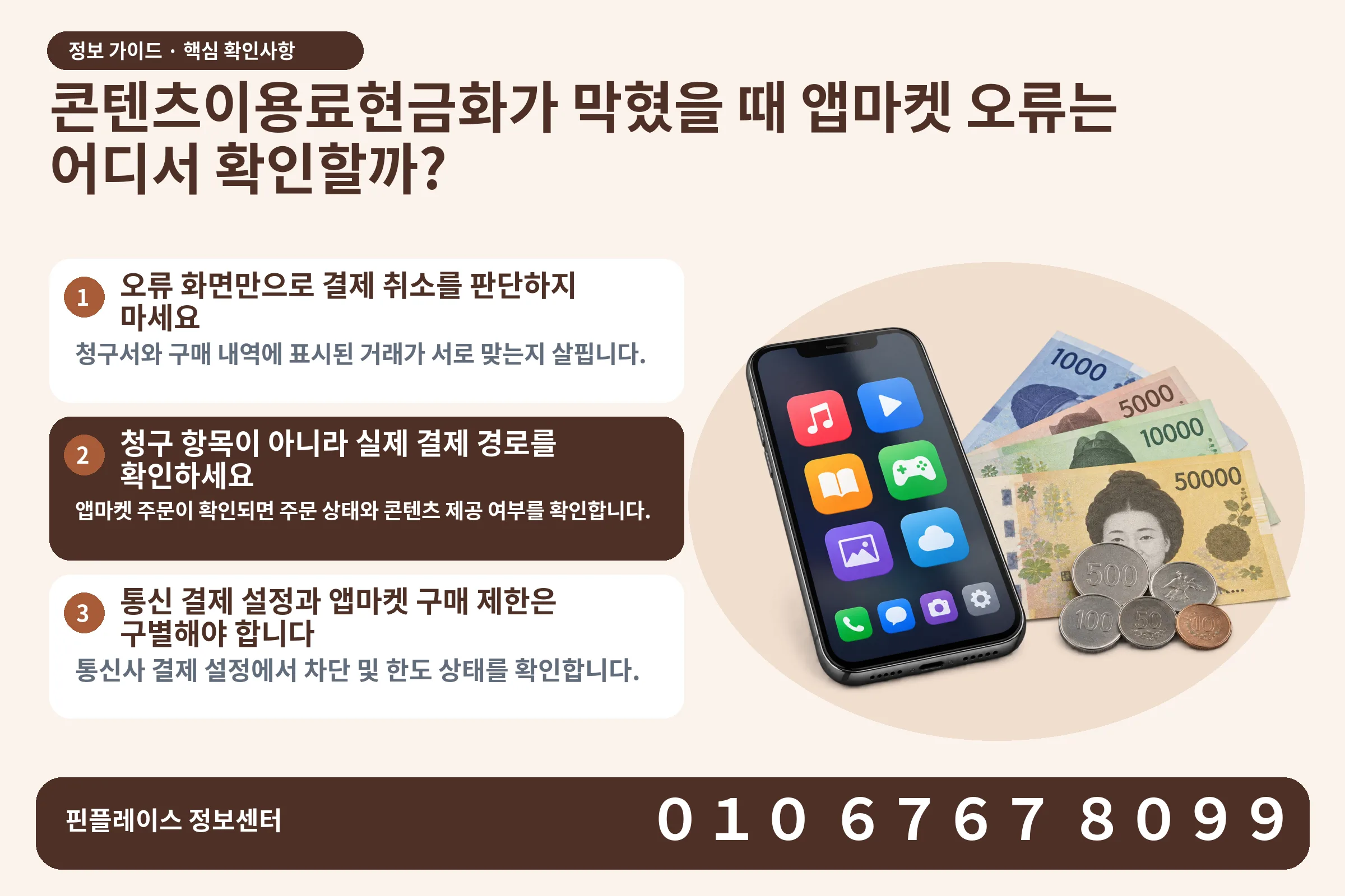 콘텐츠이용료현금화가 막혔을 때 앱마켓 오류는 어디서 확인할까? · 콘텐츠 결제 화면 / 현금·동전 · 본문 확인사항: 오류 화면만으로 결제 취소를 판단하지 마세요; 청구 항목이 아니라 실제 결제 경로를 확인하세요; 통신 결제 설정과 앱마켓 구매 제한은 구별해야 합니다