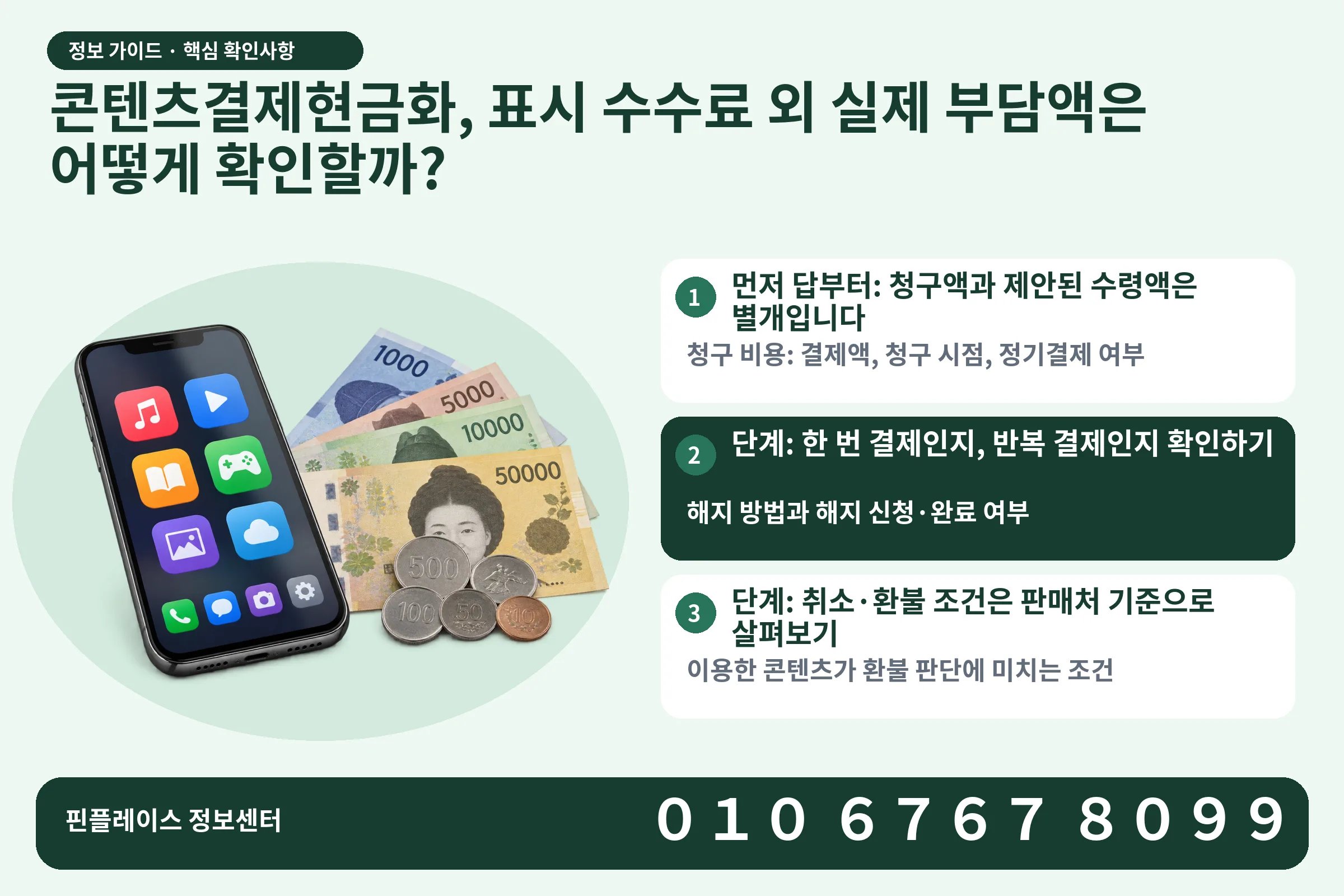 콘텐츠결제현금화, 표시 수수료 외 실제 부담액은 어떻게 확인할까? · 콘텐츠 결제 화면 / 현금·동전 · 본문 확인사항: 먼저 답부터: 청구액과 제안된 수령액은 별개입니다; 단계: 한 번 결제인지, 반복 결제인지 확인하기; 단계: 취소·환불 조건은 판매처 기준으로 살펴보기