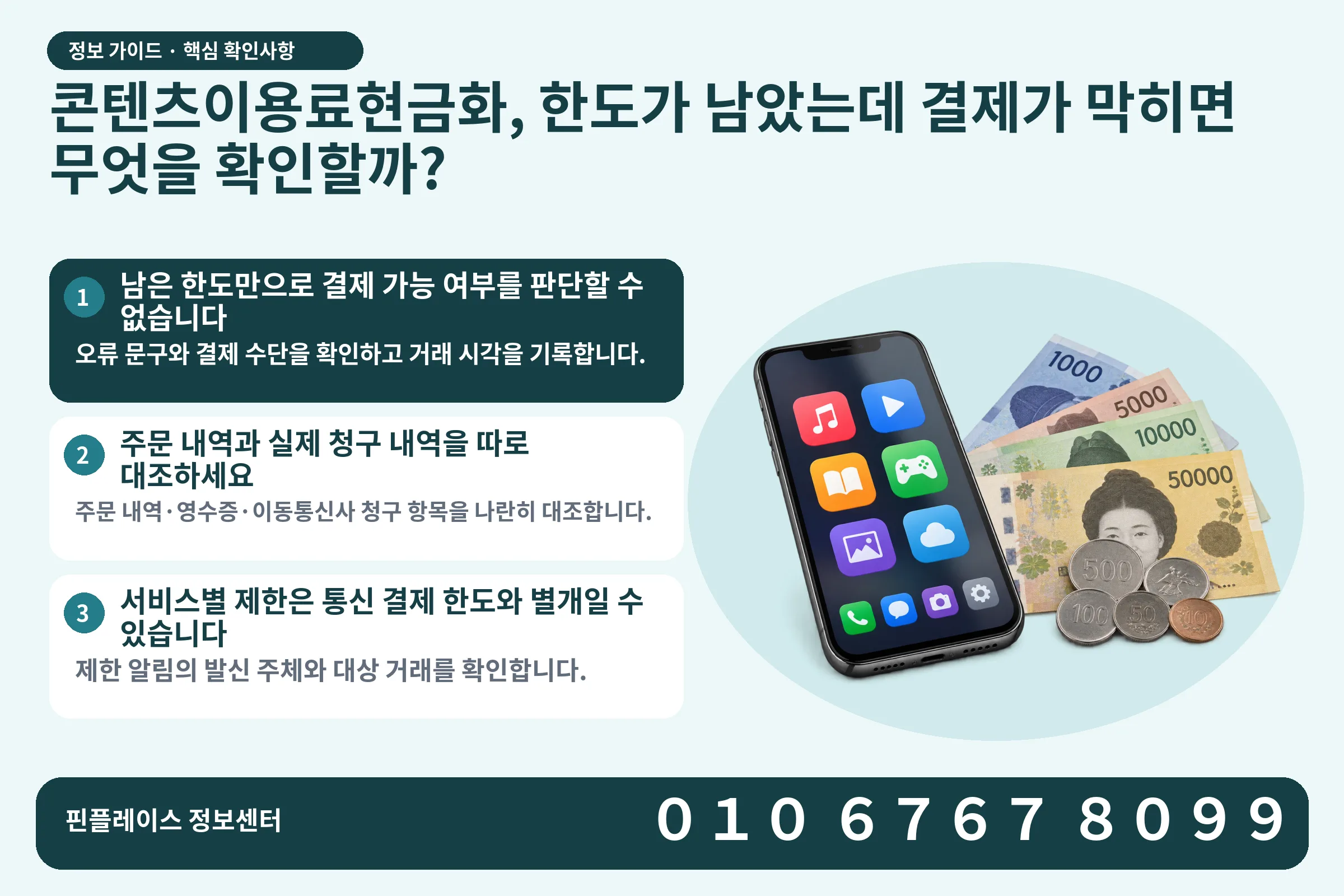 콘텐츠이용료현금화, 한도가 남았는데 결제가 막히면 무엇을 확인할까? · 콘텐츠 결제 화면 / 현금·동전 · 본문 확인사항: 남은 한도만으로 결제 가능 여부를 판단할 수 없습니다; 주문 내역과 실제 청구 내역을 따로 대조하세요; 서비스별 제한은 통신 결제 한도와 별개일 수 있습니다