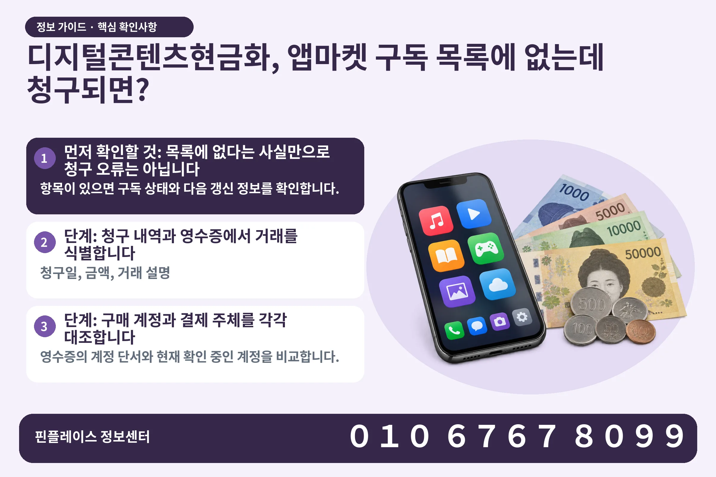 디지털콘텐츠현금화, 앱마켓 구독 목록에 없는데 청구되면? · 콘텐츠 결제 화면 / 현금·동전 · 본문 확인사항: 먼저 확인할 것: 목록에 없다는 사실만으로 청구 오류는 아닙니다; 단계: 청구 내역과 영수증에서 거래를 식별합니다; 단계: 구매 계정과 결제 주체를 각각 대조합니다