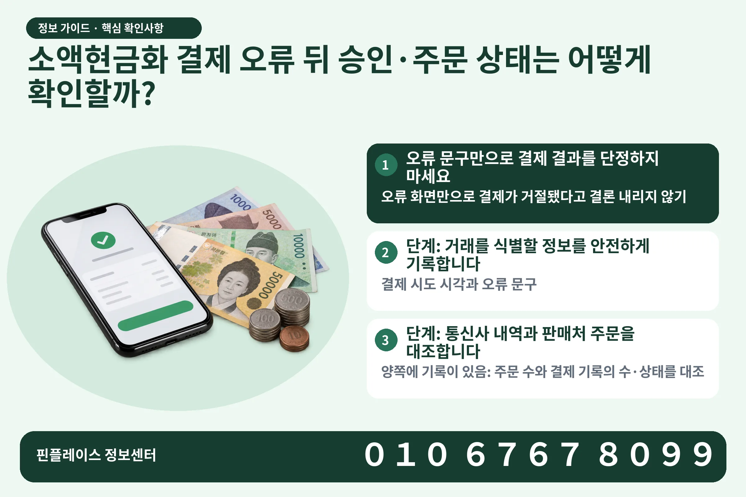 소액현금화 결제 오류 뒤 승인·주문 상태는 어떻게 확인할까? · 휴대폰 결제 화면 / 현금·동전 · 본문 확인사항: 오류 문구만으로 결제 결과를 단정하지 마세요; 단계: 거래를 식별할 정보를 안전하게 기록합니다; 단계: 통신사 내역과 판매처 주문을 대조합니다