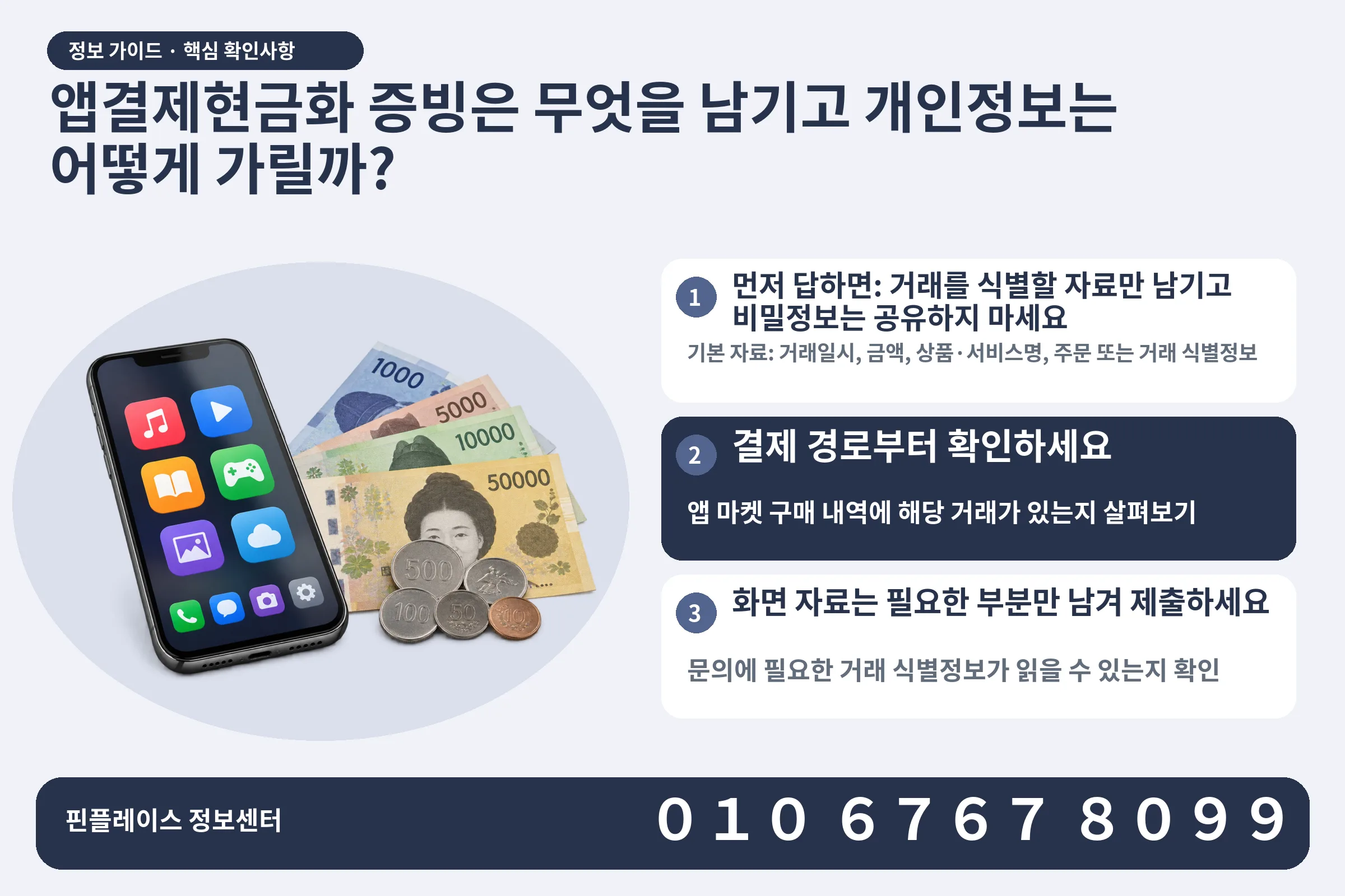 앱결제현금화 증빙은 무엇을 남기고 개인정보는 어떻게 가릴까? · 콘텐츠 결제 화면 / 현금·동전 · 본문 확인사항: 먼저 답하면: 거래를 식별할 자료만 남기고 비밀정보는 공유하지 마세요; 결제 경로부터 확인하세요; 화면 자료는 필요한 부분만 남겨 제출하세요