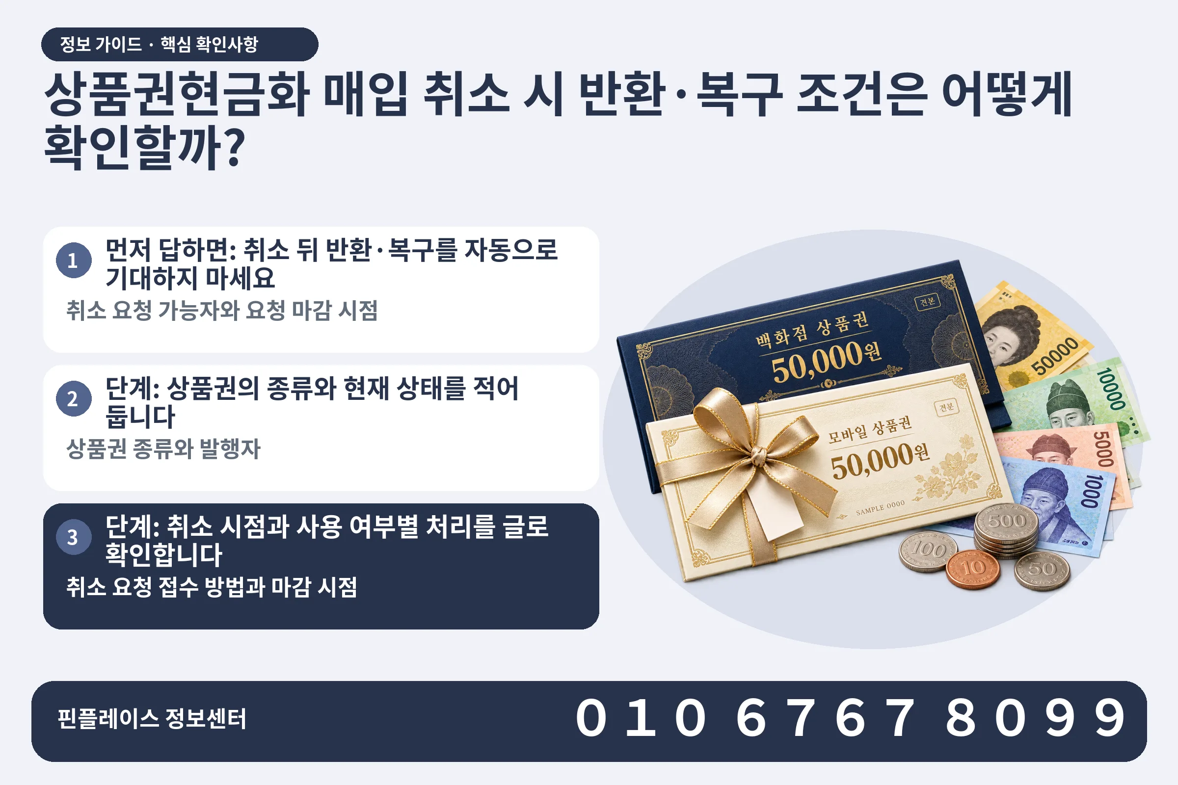 상품권현금화 매입 취소 시 반환·복구 조건은 어떻게 확인할까? · 상품권 / 현금·동전 · 본문 확인사항: 먼저 답하면: 취소 뒤 반환·복구를 자동으로 기대하지 마세요; 단계: 상품권의 종류와 현재 상태를 적어 둡니다; 단계: 취소 시점과 사용 여부별 처리를 글로 확인합니다