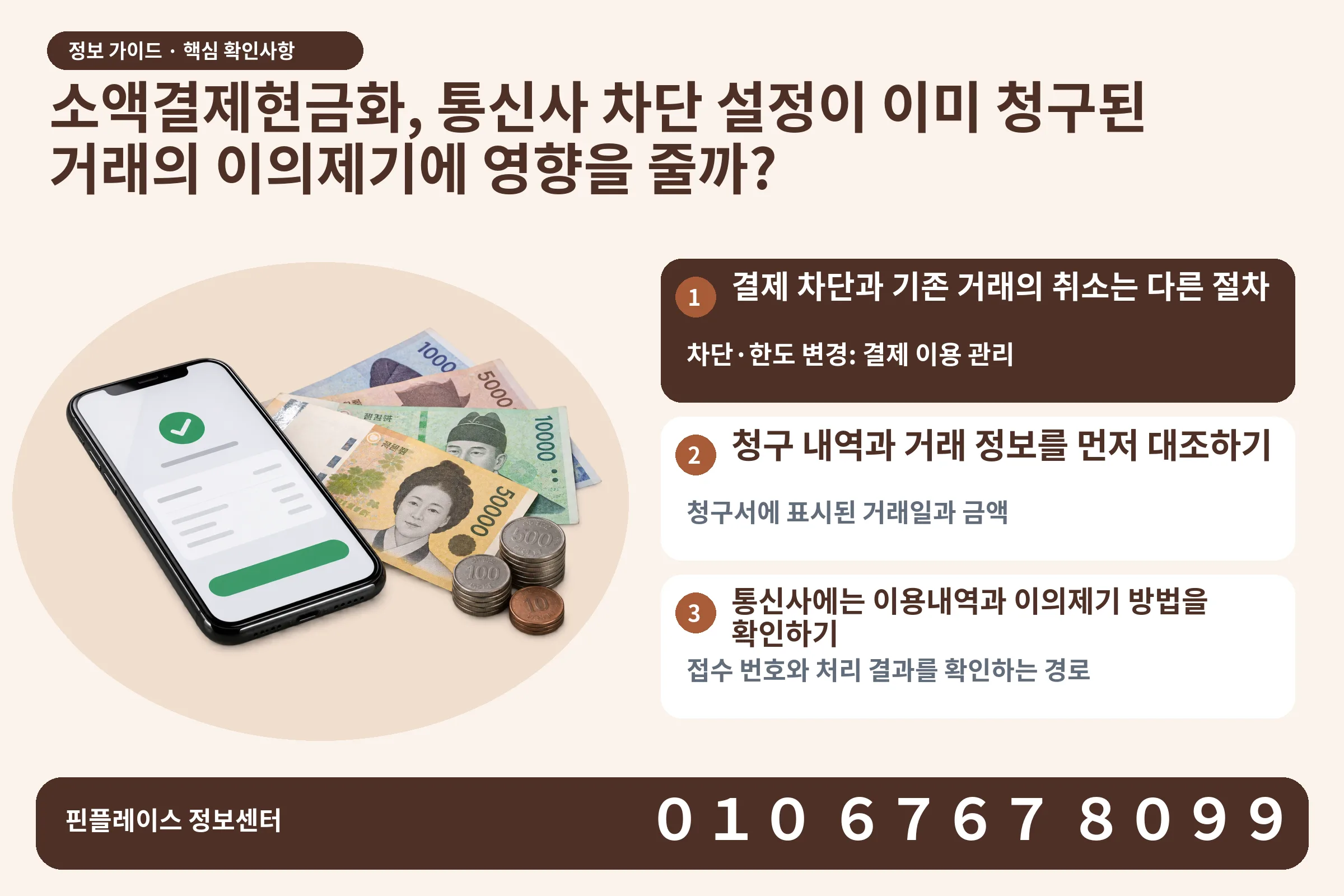 소액결제현금화, 통신사 차단 설정이 이미 청구된 거래의 이의제기에 영향을 줄까? · 휴대폰 결제 화면 / 현금·동전 · 본문 확인사항: 결제 차단과 기존 거래의 취소는 다른 절차; 청구 내역과 거래 정보를 먼저 대조하기; 통신사에는 이용내역과 이의제기 방법을 확인하기