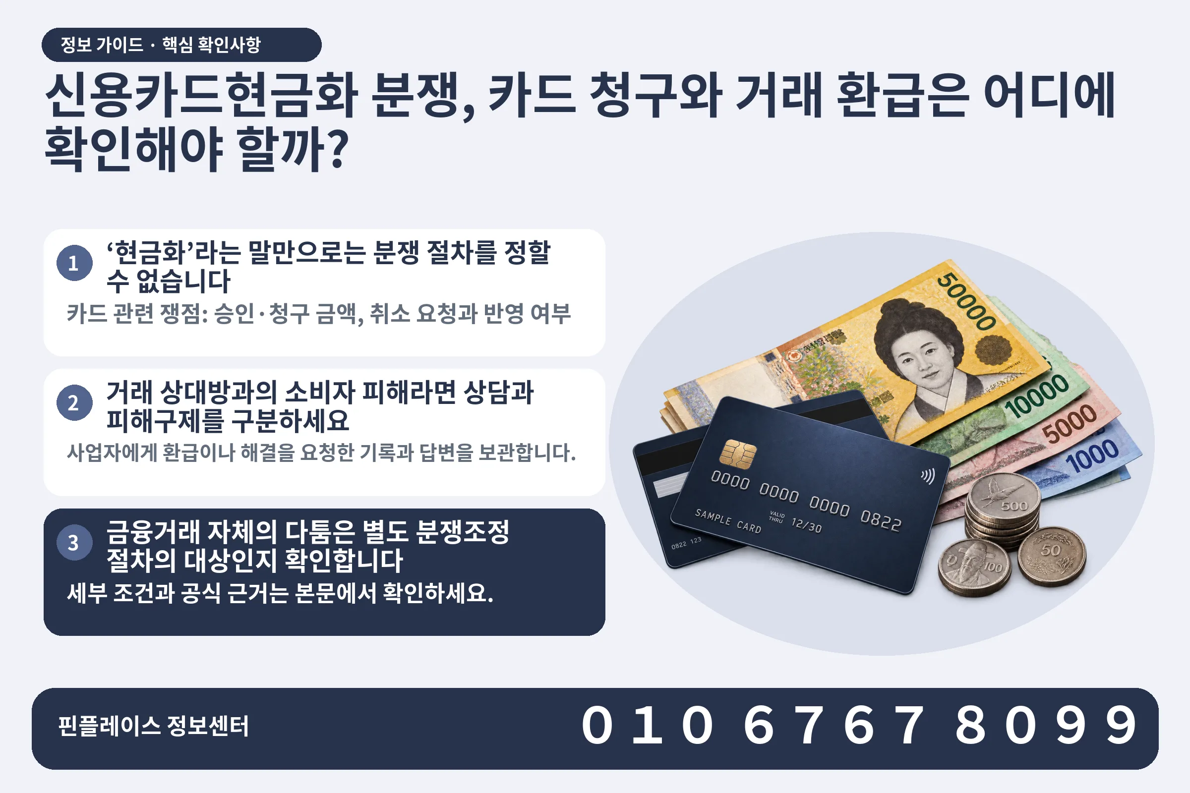 신용카드현금화 분쟁, 카드 청구와 거래 환급은 어디에 확인해야 할까? · 신용카드 / 현금·동전 · 본문 확인사항: ‘현금화’라는 말만으로는 분쟁 절차를 정할 수 없습니다; 거래 상대방과의 소비자 피해라면 상담과 피해구제를 구분하세요; 금융거래 자체의 다툼은 별도 분쟁조정 절차의 대상인지 확인합니다