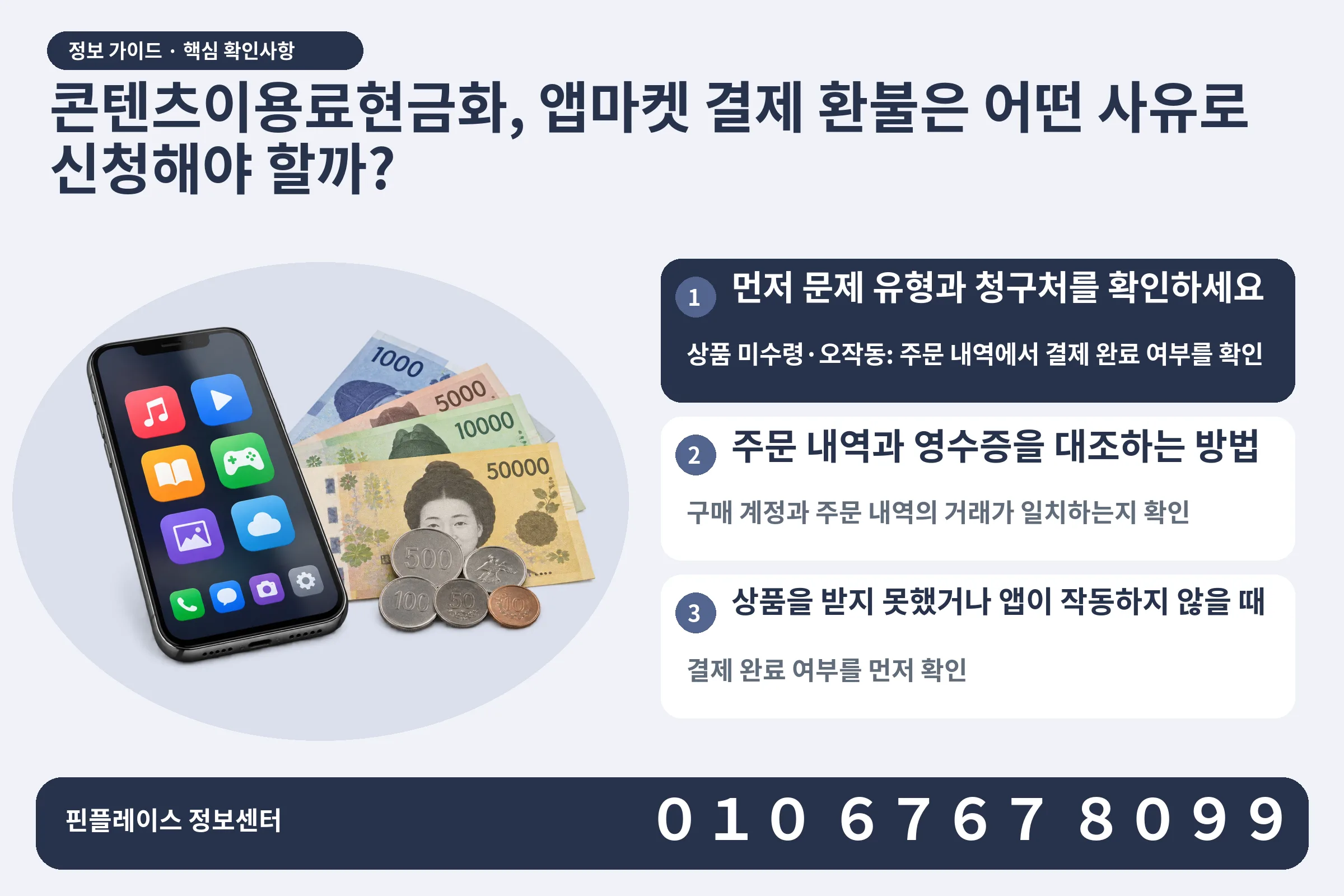콘텐츠이용료현금화, 앱마켓 결제 환불은 어떤 사유로 신청해야 할까? · 콘텐츠 결제 화면 / 현금·동전 · 본문 확인사항: 먼저 문제 유형과 청구처를 확인하세요; 주문 내역과 영수증을 대조하는 방법; 상품을 받지 못했거나 앱이 작동하지 않을 때