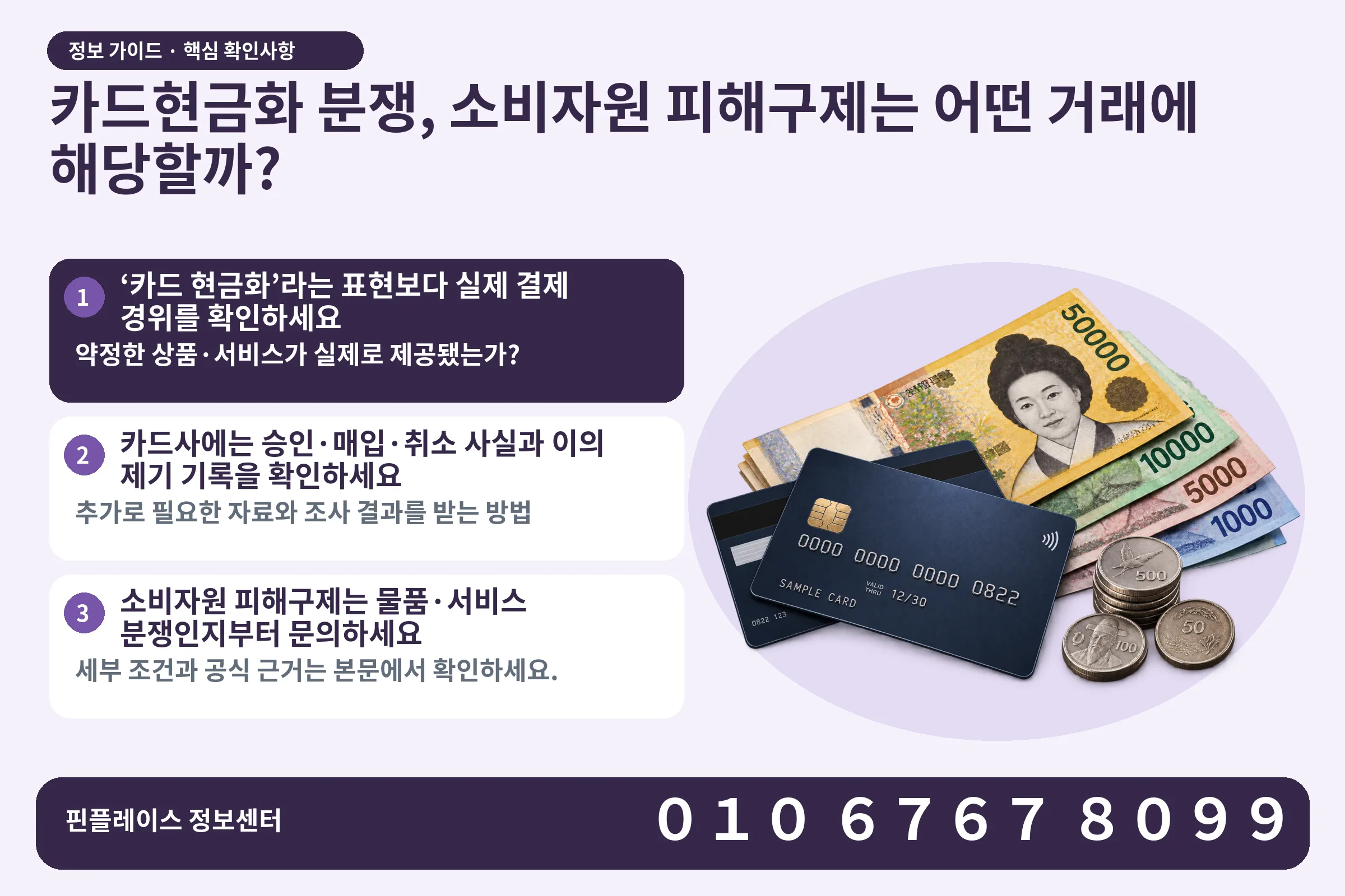 카드현금화 분쟁, 소비자원 피해구제는 어떤 거래에 해당할까? · 신용카드 / 현금·동전 · 본문 확인사항: ‘카드 현금화’라는 표현보다 실제 결제 경위를 확인하세요; 카드사에는 승인·매입·취소 사실과 이의 제기 기록을 확인하세요; 소비자원 피해구제는 물품·서비스 분쟁인지부터 문의하세요