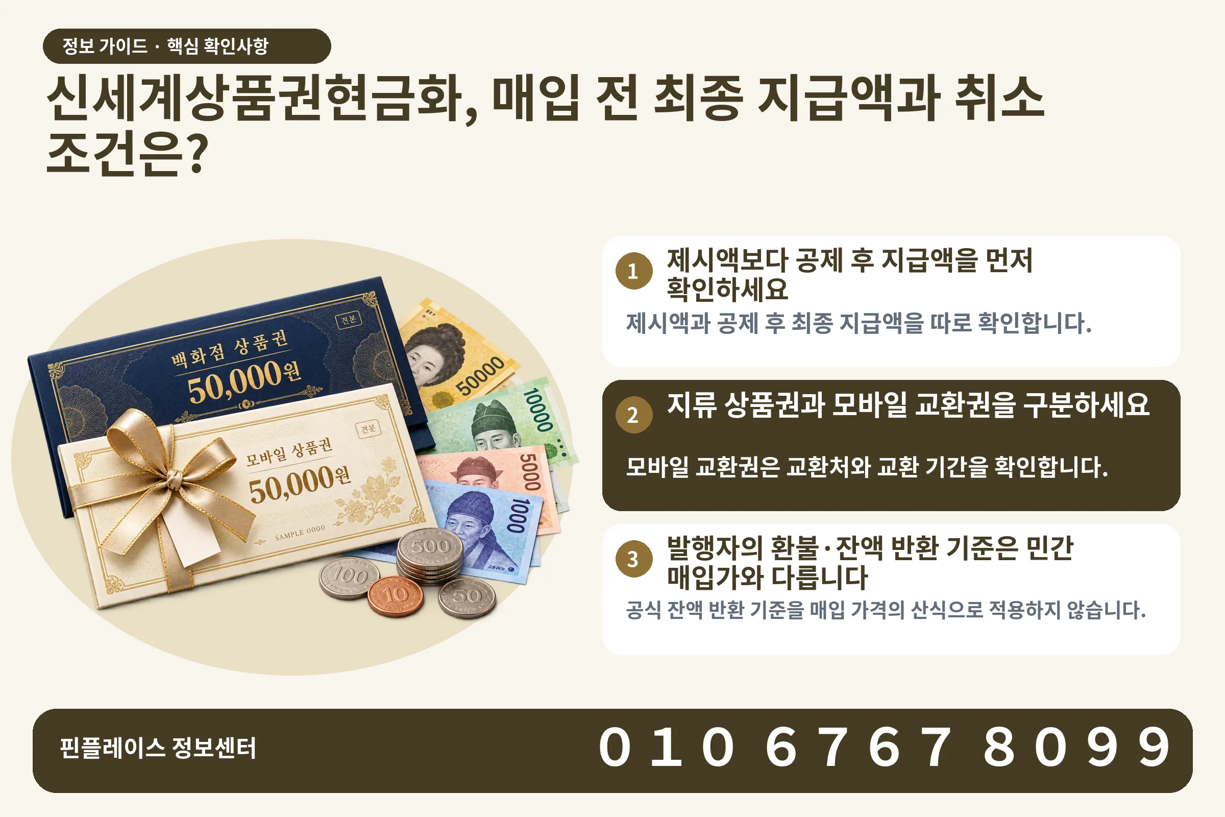 신세계상품권현금화, 매입 전 최종 지급액과 취소 조건은? · 상품권 / 현금·동전 · 본문 확인사항: 제시액보다 공제 후 지급액을 먼저 확인하세요; 지류 상품권과 모바일 교환권을 구분하세요; 발행자의 환불·잔액 반환 기준은 민간 매입가와 다릅니다