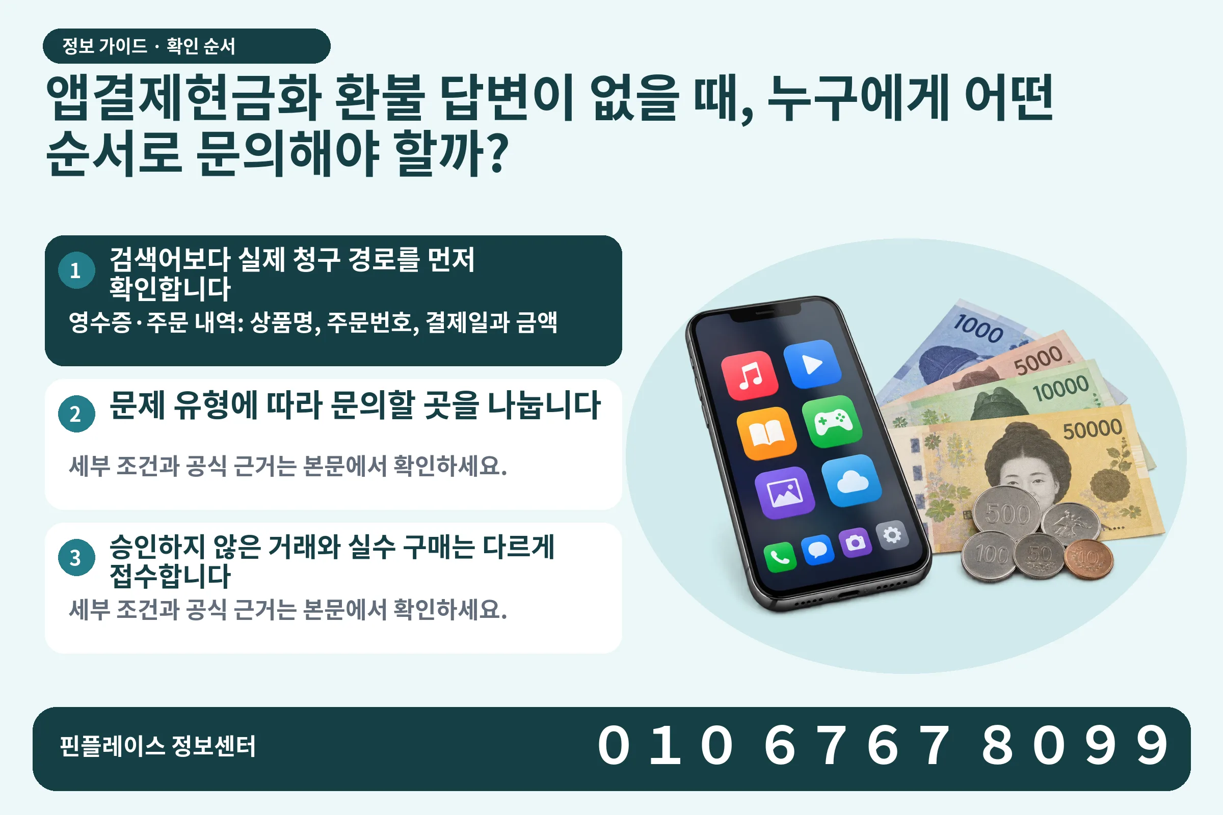 앱결제현금화 환불 답변이 없을 때, 누구에게 어떤 순서로 문의해야 할까? · 콘텐츠 결제 화면 / 현금·동전 · 본문 확인사항: 검색어보다 실제 청구 경로를 먼저 확인합니다; 문제 유형에 따라 문의할 곳을 나눕니다; 승인하지 않은 거래와 실수 구매는 다르게 접수합니다