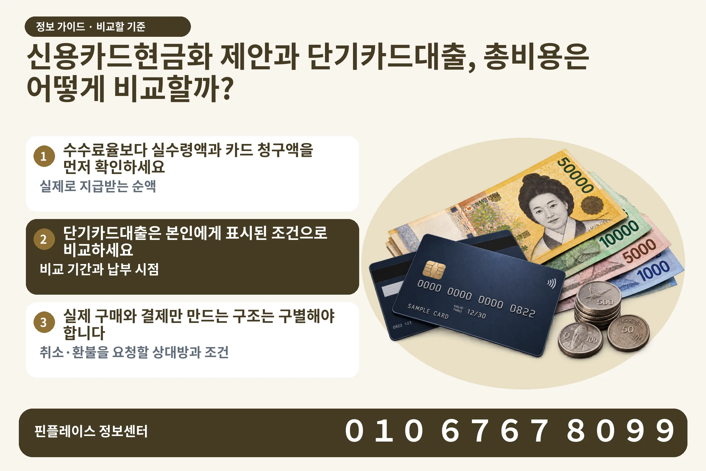 신용카드현금화 제안과 단기카드대출, 총비용은 어떻게 비교할까? · 신용카드 / 현금·동전 · 본문 확인사항: 수수료율보다 실수령액과 카드 청구액을 먼저 확인하세요; 단기카드대출은 본인에게 표시된 조건으로 비교하세요; 실제 구매와 결제만 만드는 구조는 구별해야 합니다