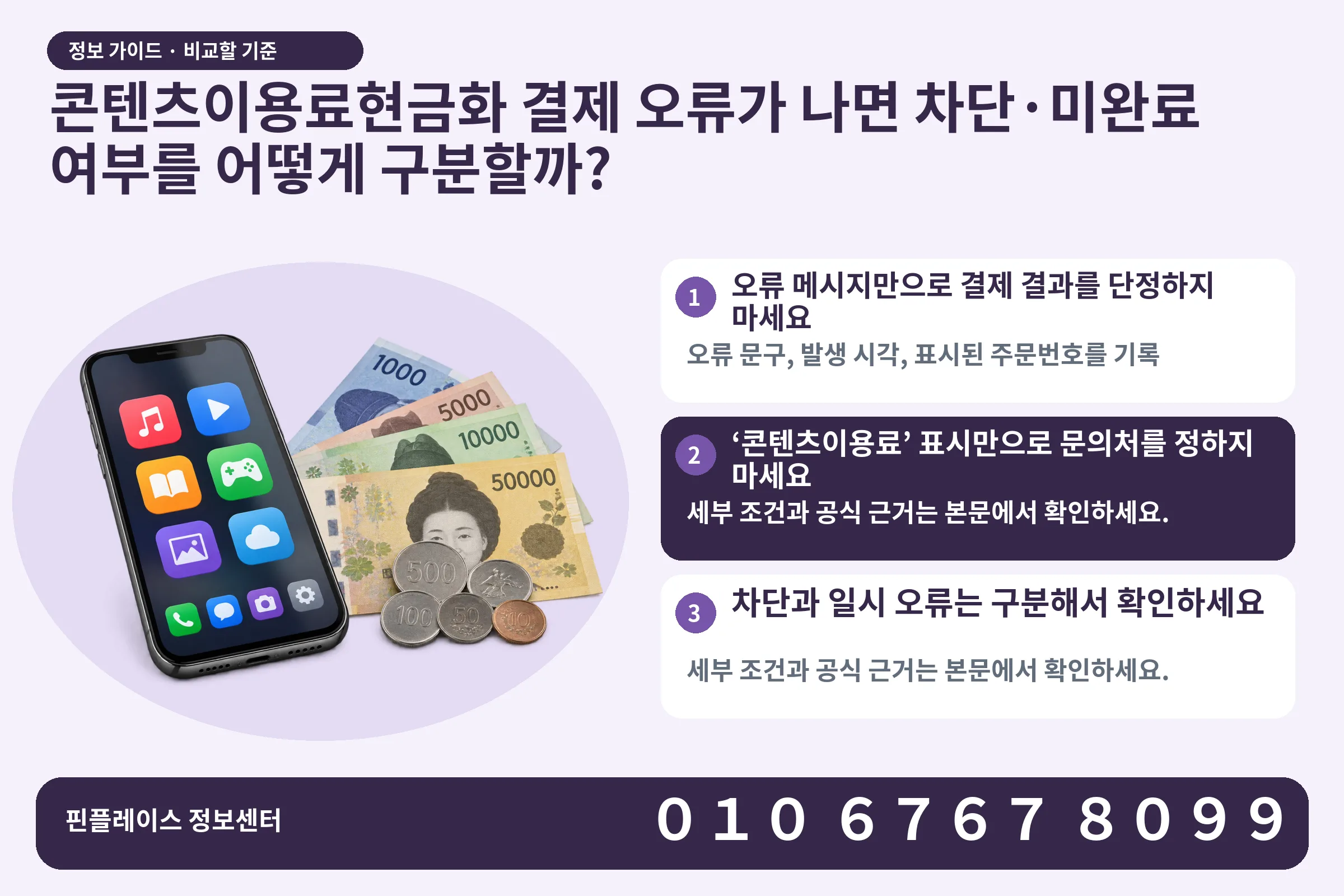 콘텐츠이용료현금화 결제 오류가 나면 차단·미완료 여부를 어떻게 구분할까? · 콘텐츠 결제 화면 / 현금·동전 · 본문 확인사항: 오류 메시지만으로 결제 결과를 단정하지 마세요; ‘콘텐츠이용료’ 표시만으로 문의처를 정하지 마세요; 차단과 일시 오류는 구분해서 확인하세요