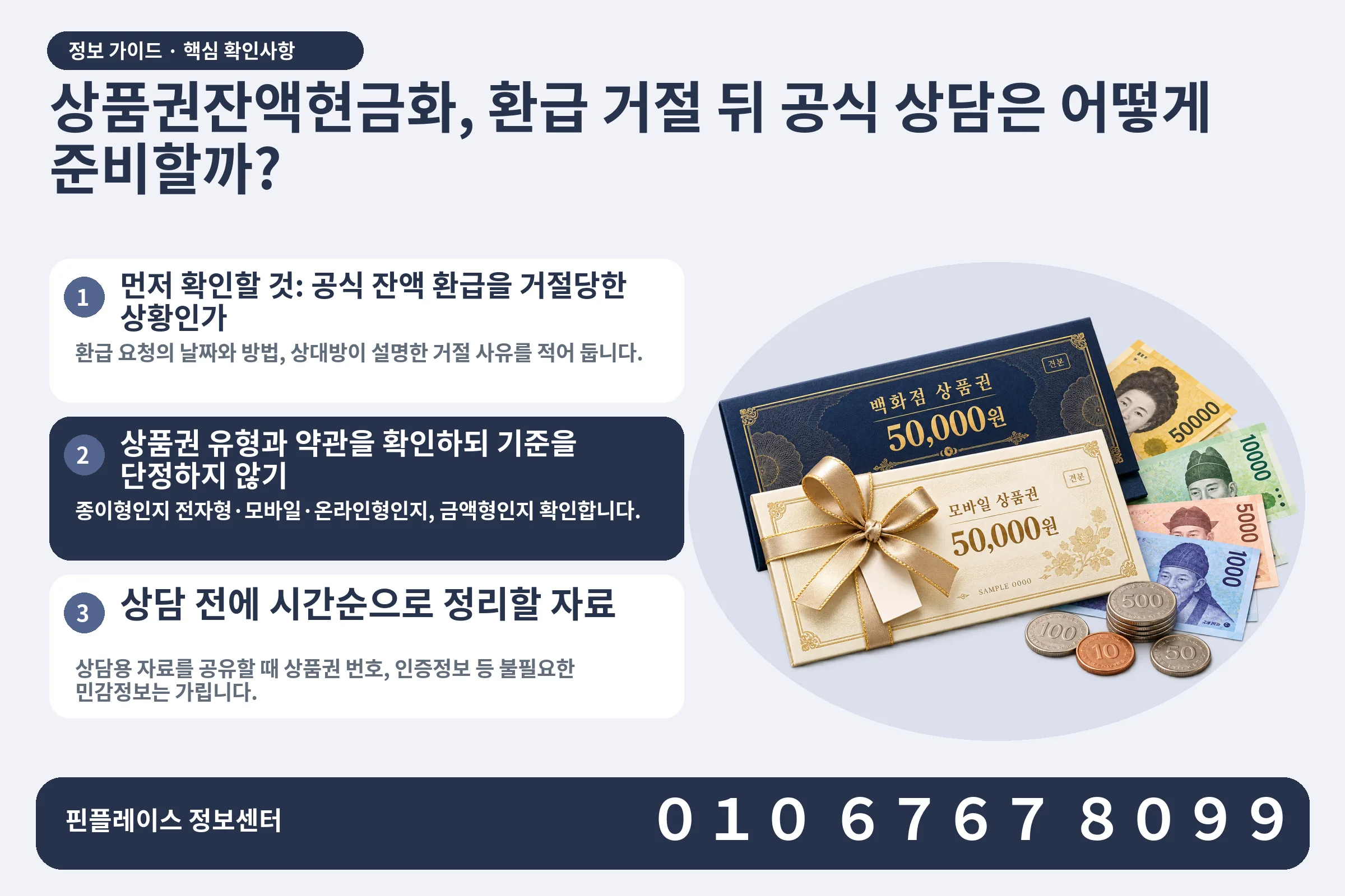 상품권잔액현금화, 환급 거절 뒤 공식 상담은 어떻게 준비할까? · 상품권 / 현금·동전 · 본문 확인사항: 먼저 확인할 것: 공식 잔액 환급을 거절당한 상황인가; 상품권 유형과 약관을 확인하되 기준을 단정하지 않기; 상담 전에 시간순으로 정리할 자료