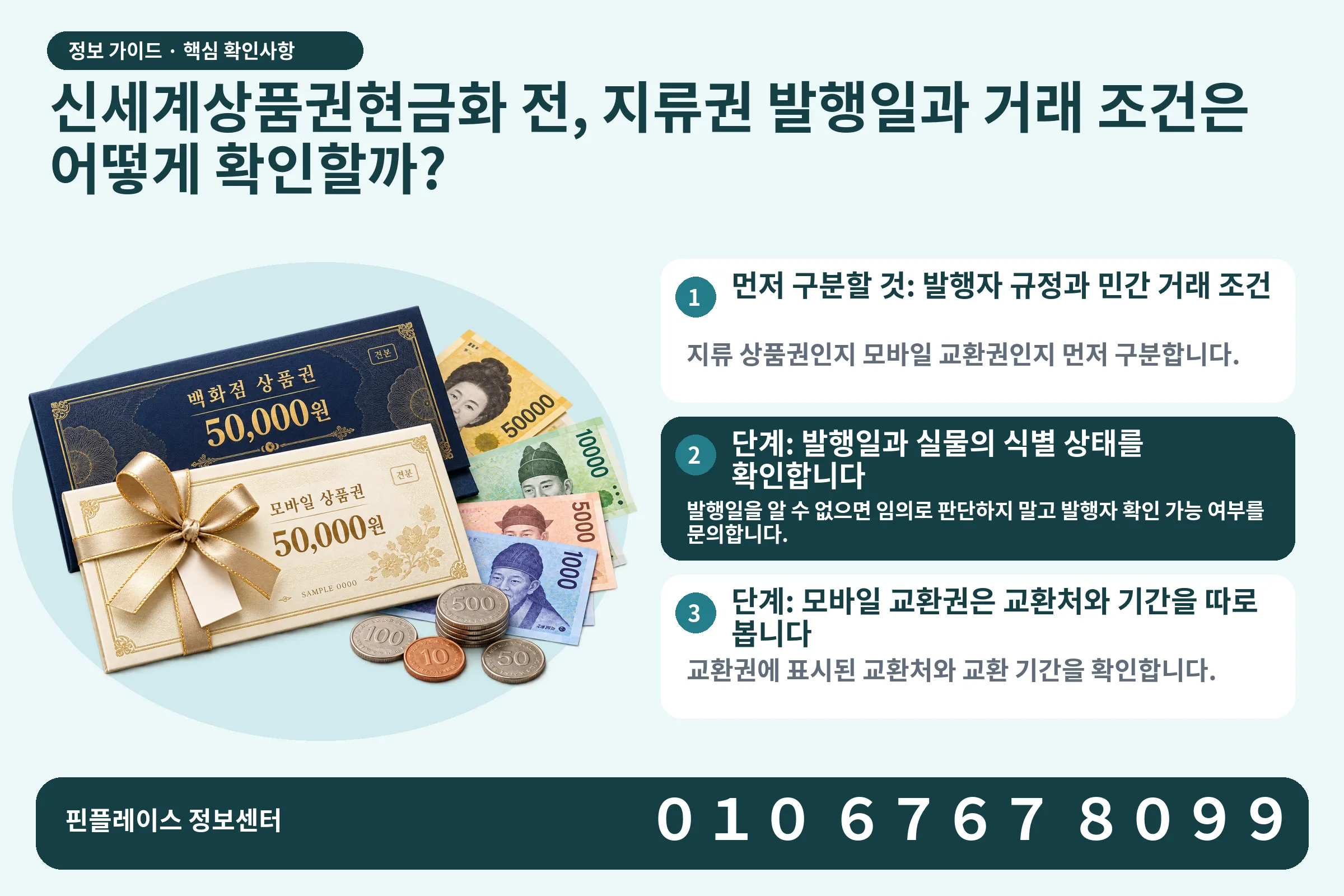 신세계상품권현금화 전, 지류권 발행일과 거래 조건은 어떻게 확인할까? · 상품권 / 현금·동전 · 본문 확인사항: 먼저 구분할 것: 발행자 규정과 민간 거래 조건; 단계: 발행일과 실물의 식별 상태를 확인합니다; 단계: 모바일 교환권은 교환처와 기간을 따로 봅니다