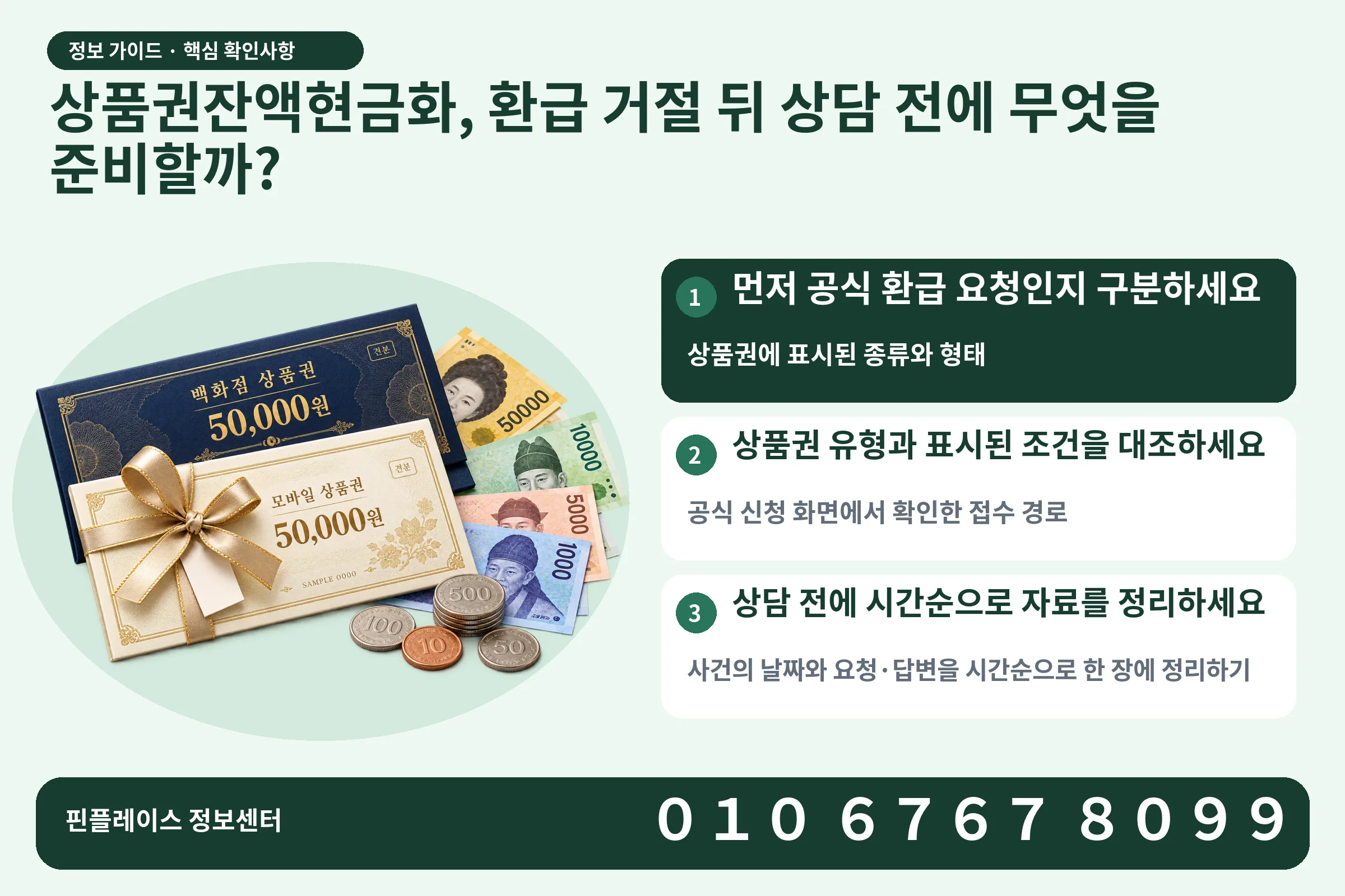 상품권잔액현금화, 환급 거절 뒤 상담 전에 무엇을 준비할까? · 상품권 / 현금·동전 · 본문 확인사항: 먼저 공식 환급 요청인지 구분하세요; 상품권 유형과 표시된 조건을 대조하세요; 상담 전에 시간순으로 자료를 정리하세요